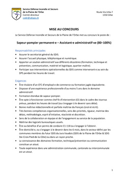 2025_Assistant.e administratif.ve_mise au concours_annonce Sapeur-pompier permanent·e – Assistant·e administratif·ve (80–100%)
