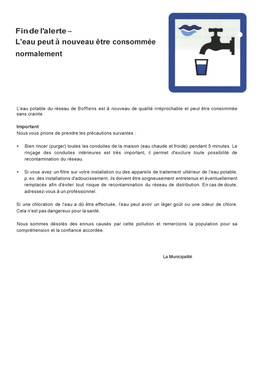 Fin de l'alerte - L'eau peut à nouveau être consommée normalement